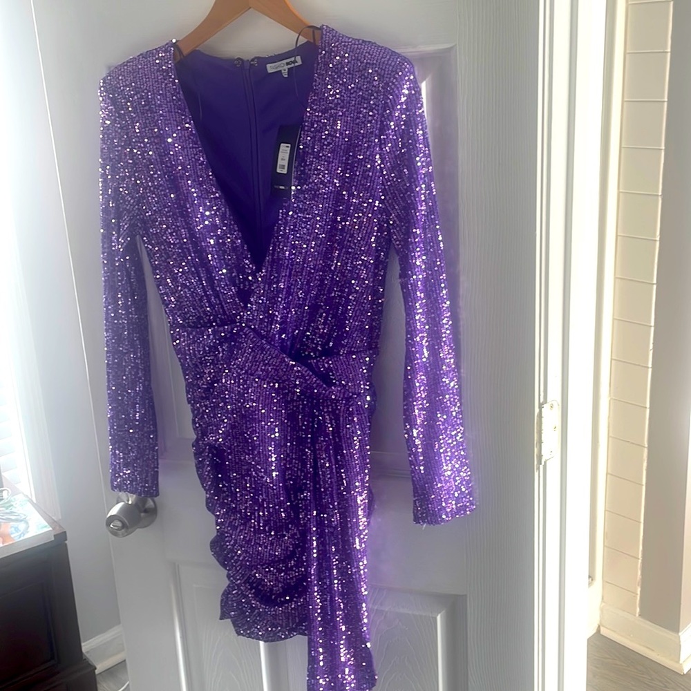 Fashion Nova Purple Sequin Long Sleeve Mini Dress